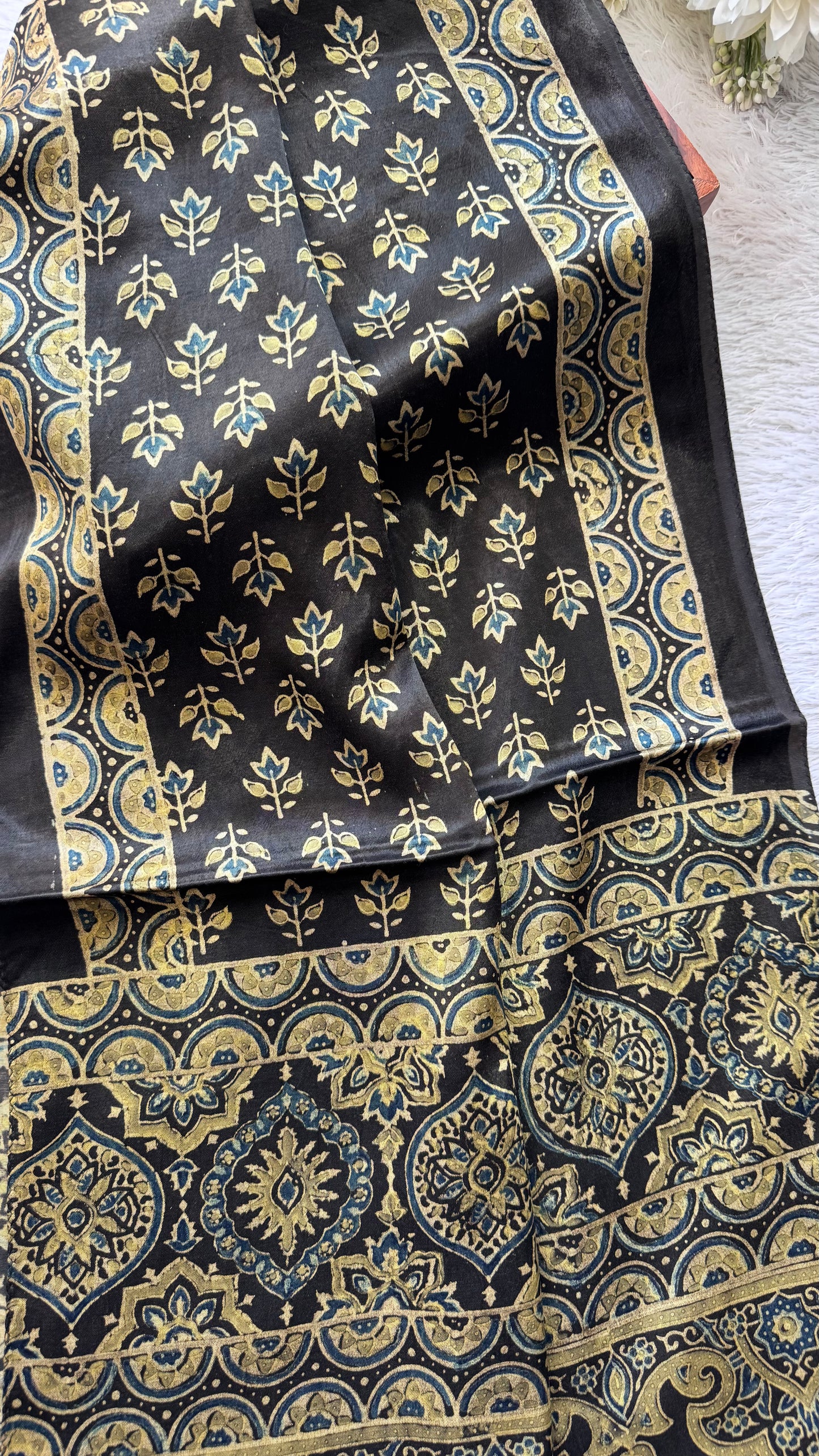 Black Shade Flower Motif Ajrakh Hand Block Print Mashru Silk Stole with Tassels