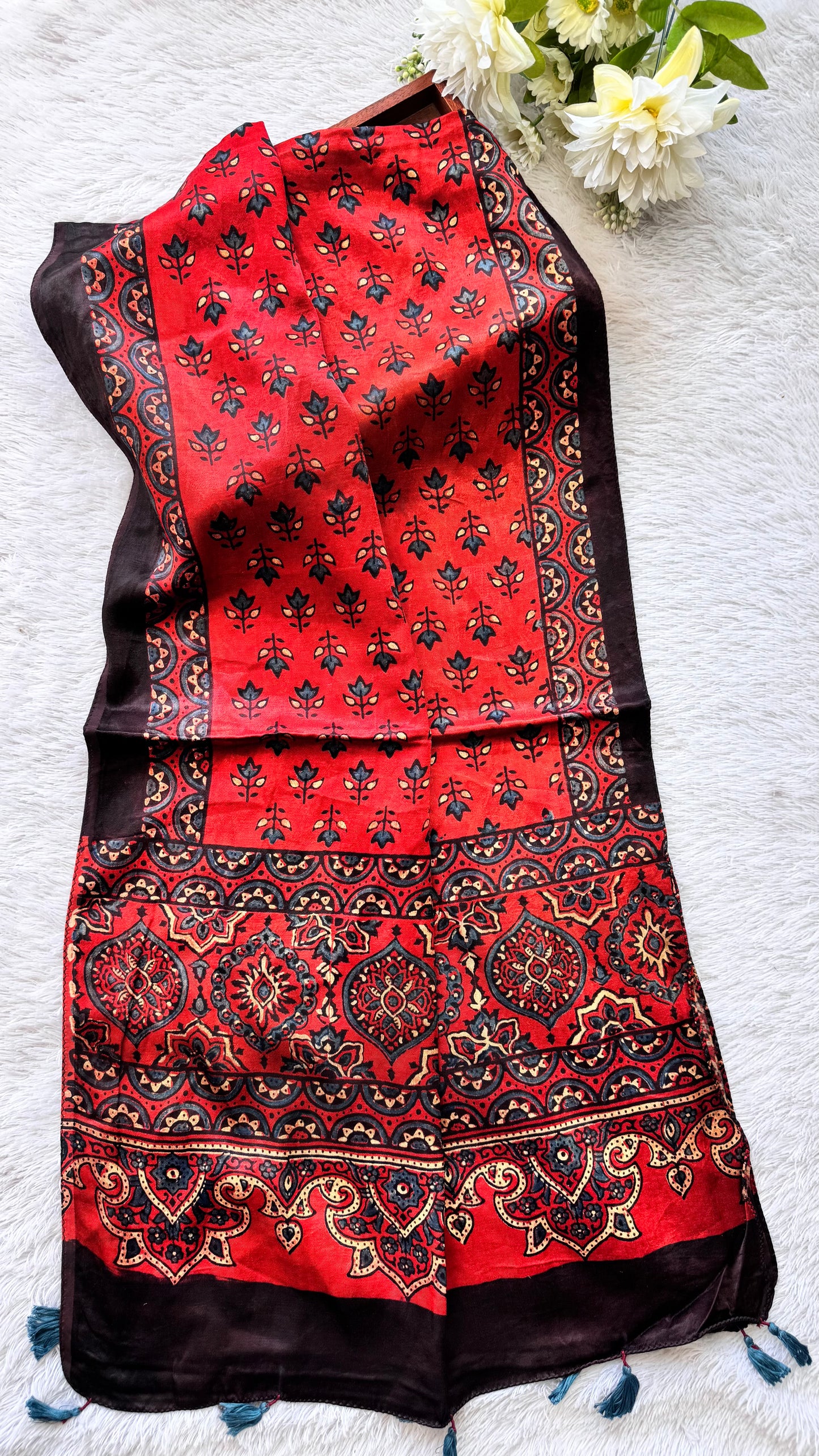Red Shade Flower Motif Ajrakh Hand Block Print Mashru Silk Stole with Tassels