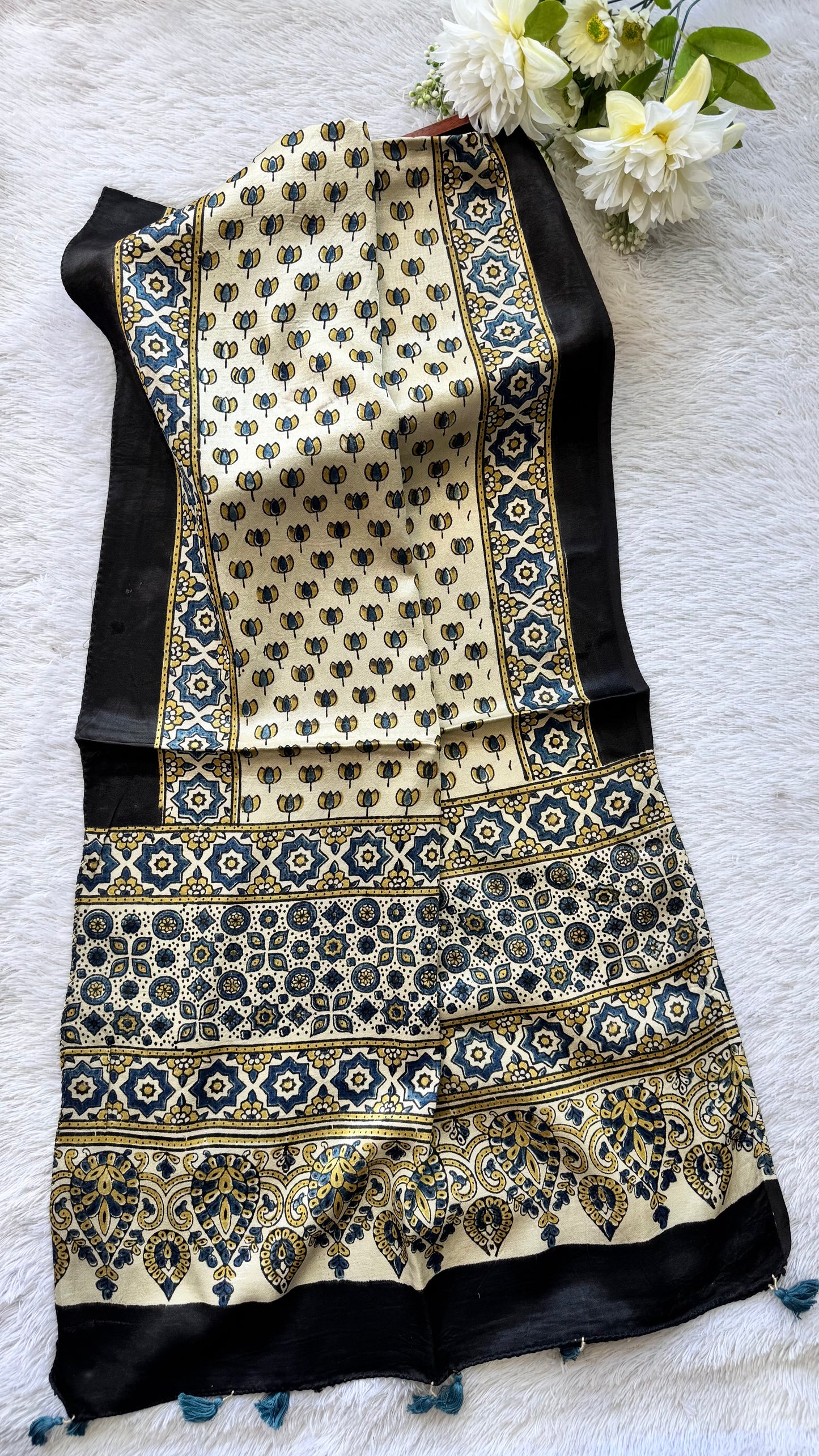 Offwhite Shade Kamal Buta Motif Ajrakh Hand Block Print Mashru Silk Stole with Tassels