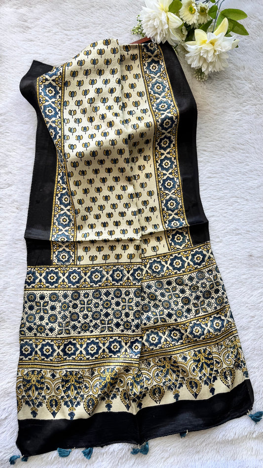 Offwhite Shade Kamal Buta Motif Ajrakh Hand Block Print Mashru Silk Stole with Tassels