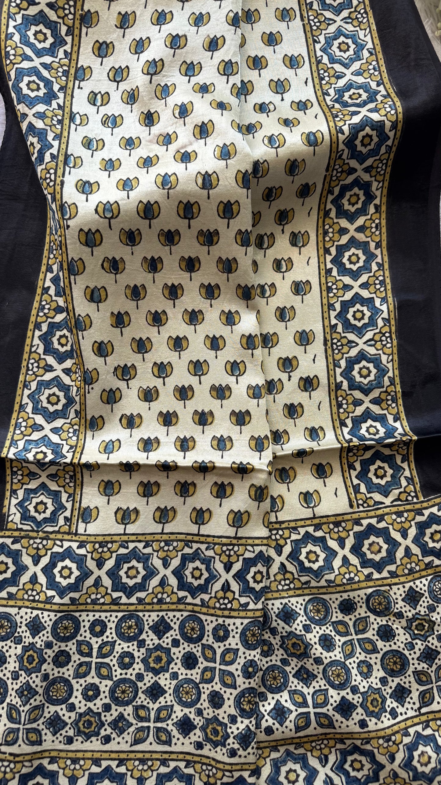 Offwhite Shade Kamal Buta Motif Ajrakh Hand Block Print Mashru Silk Stole with Tassels