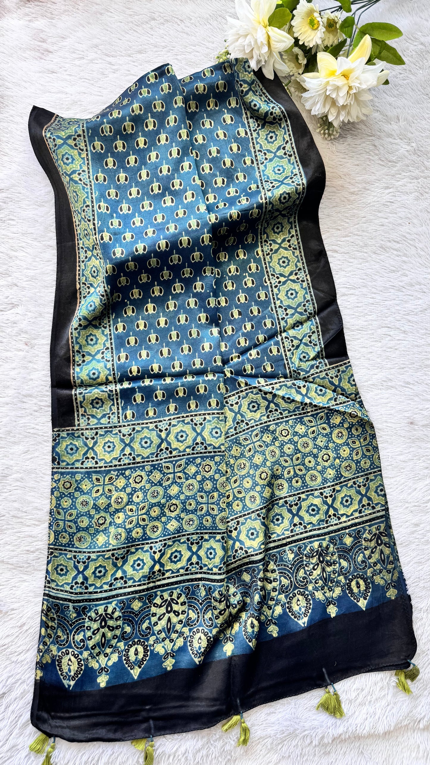 Aqua Shade Kamal Buta Motif Ajrakh Hand Block Print Mashru Silk Stole with Tassels