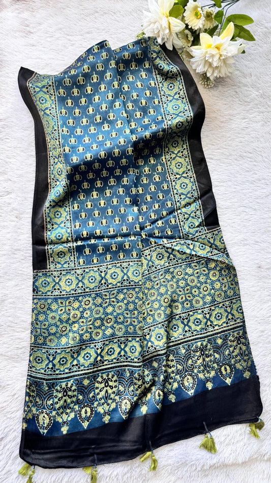 Aqua Shade Kamal Buta Motif Ajrakh Hand Block Print Mashru Silk Stole with Tassels