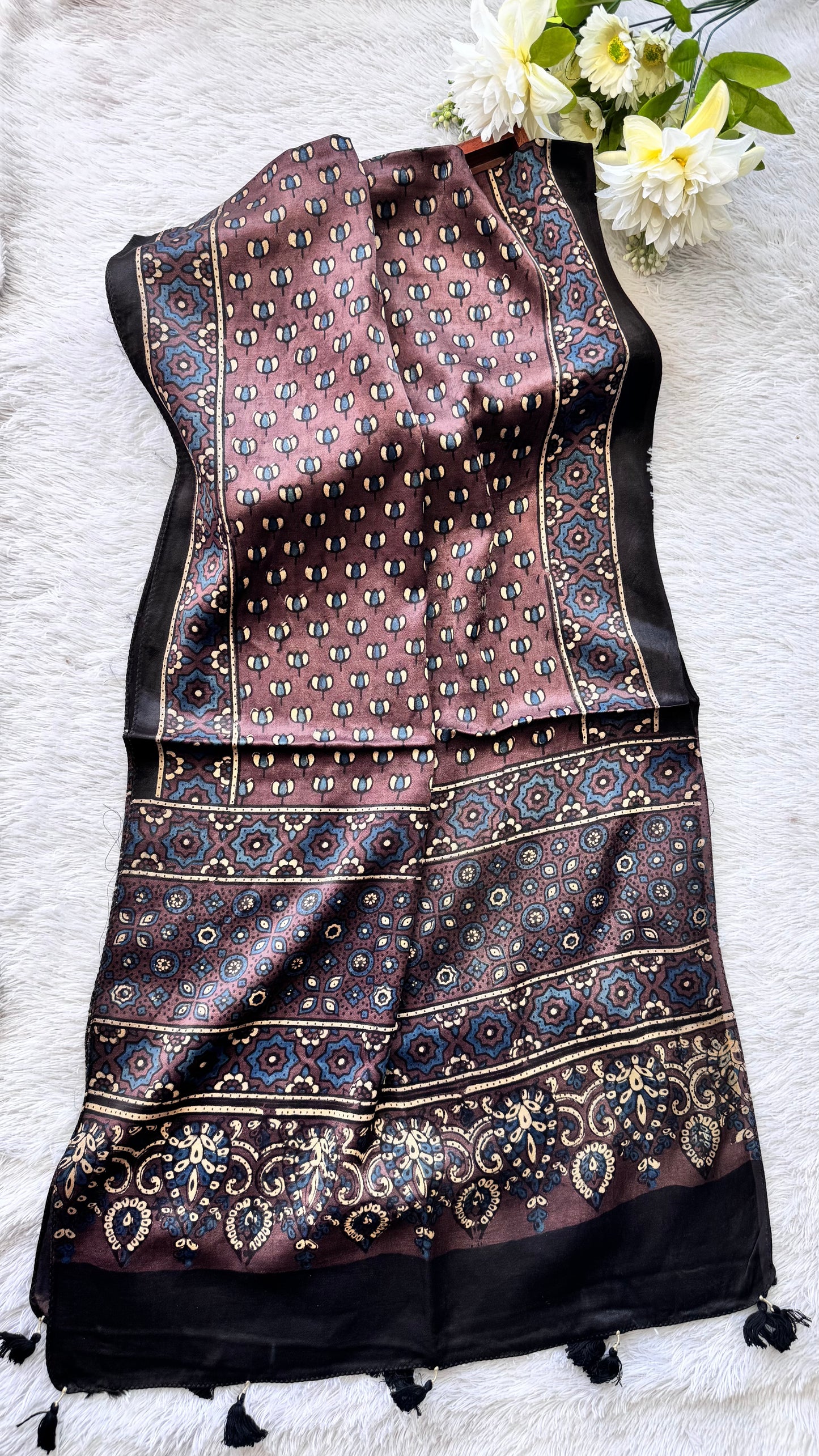 Raisin Shade Kamal Buta Motif Ajrakh Hand Block Print Mashru Silk Stole with Tassels
