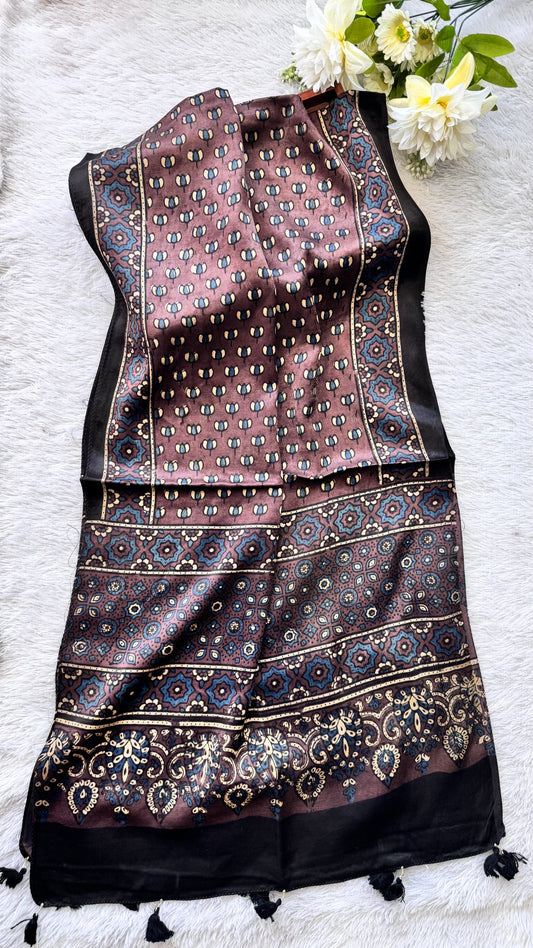 Raisin Shade Kamal Buta Motif Ajrakh Hand Block Print Mashru Silk Stole with Tassels
