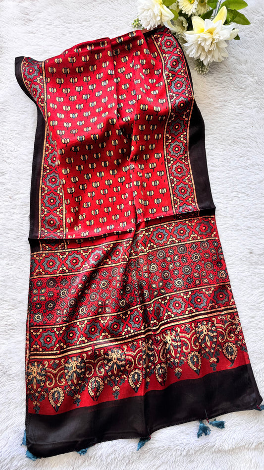 Red Shade Kamal Buta Motif Ajrakh Hand Block Print Mashru Silk Stole with Tassels