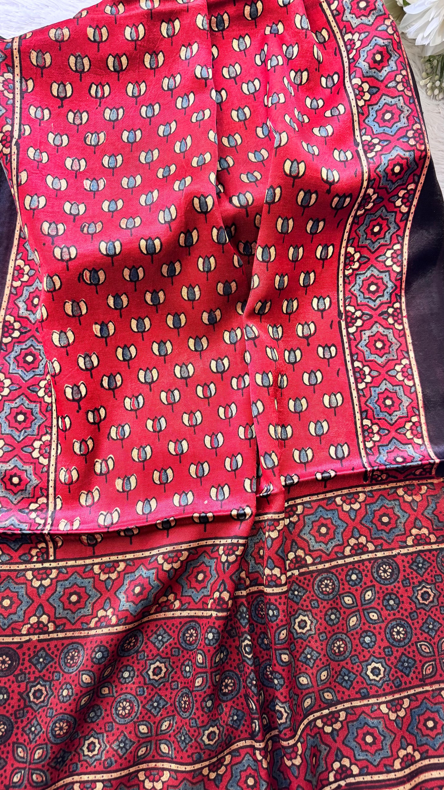 Red Shade Kamal Buta Motif Ajrakh Hand Block Print Mashru Silk Stole with Tassels