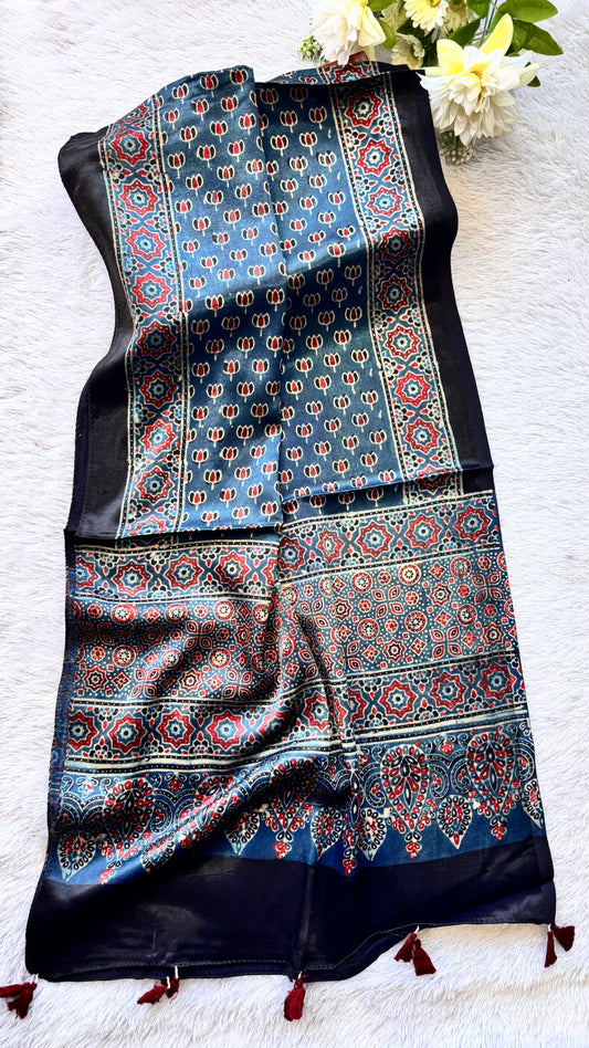 Blue Shade Kamal Buta Motif Ajrakh Hand Block Print Mashru Silk Stole with Tassels