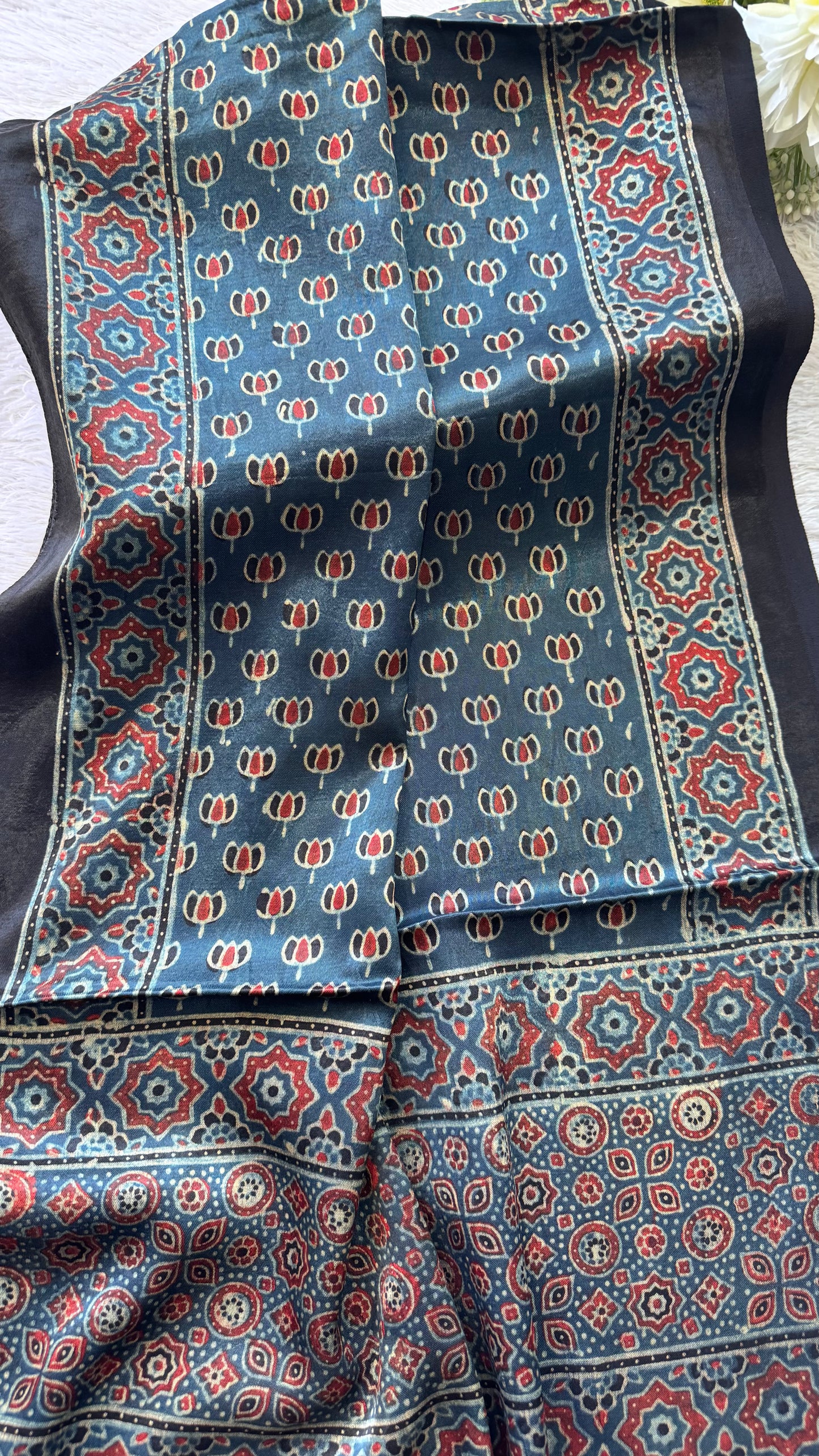Blue Shade Kamal Buta Motif Ajrakh Hand Block Print Mashru Silk Stole with Tassels