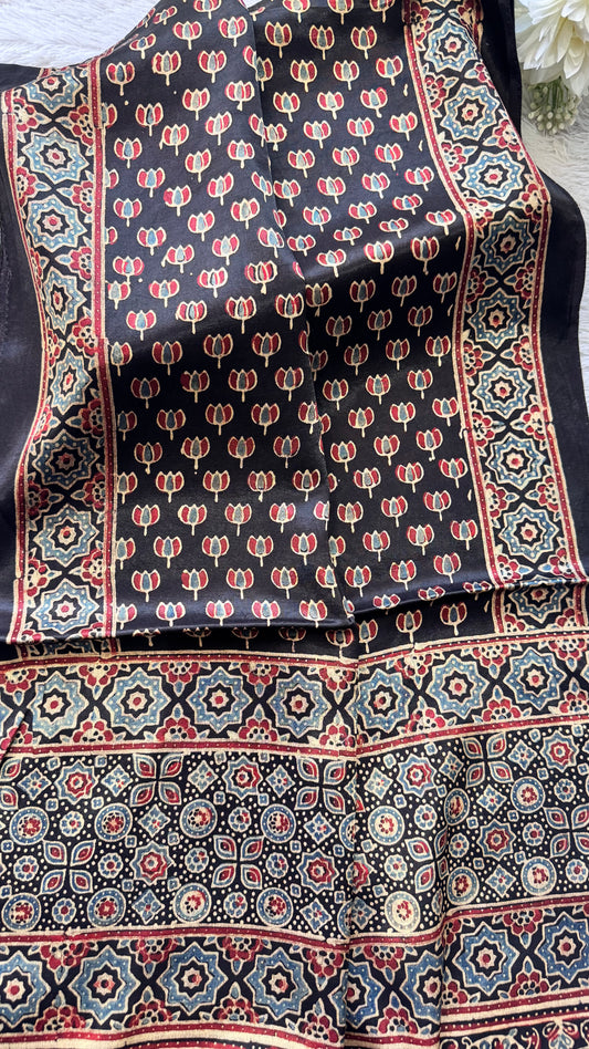 Black Shade Kamal Buta Motif Ajrakh Hand Block Print Mashru Silk Stole with Tassels