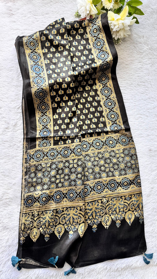 Molten Gold Shade Kamal Buta Motif Ajrakh Hand Block Print Mashru Silk Stole with Tassels