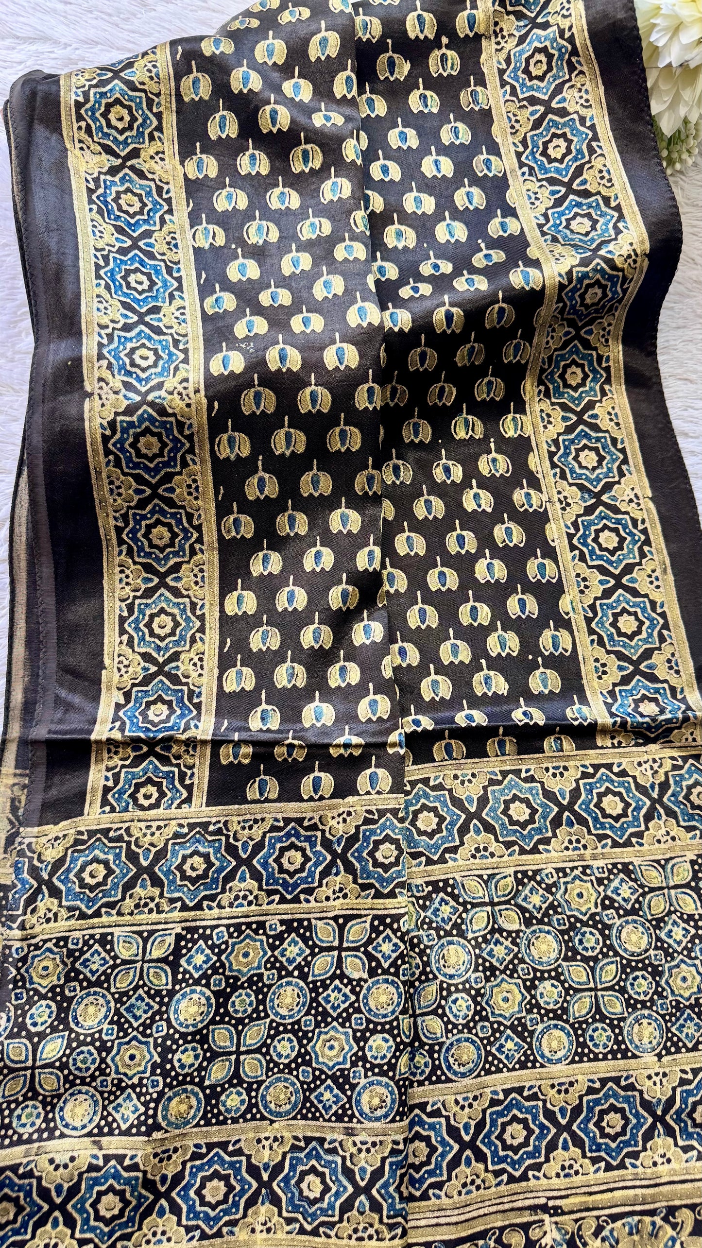 Molten Gold Shade Kamal Buta Motif Ajrakh Hand Block Print Mashru Silk Stole with Tassels