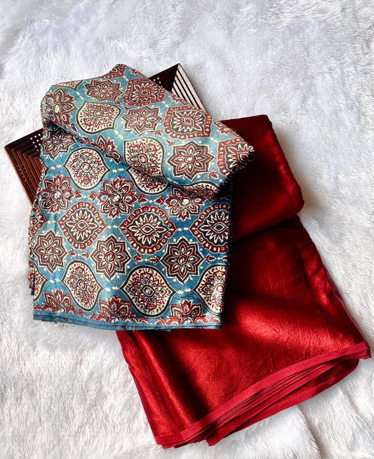 Blue Jaal Motif Ajrakh Mashru Silk Kurta Pant Fabric