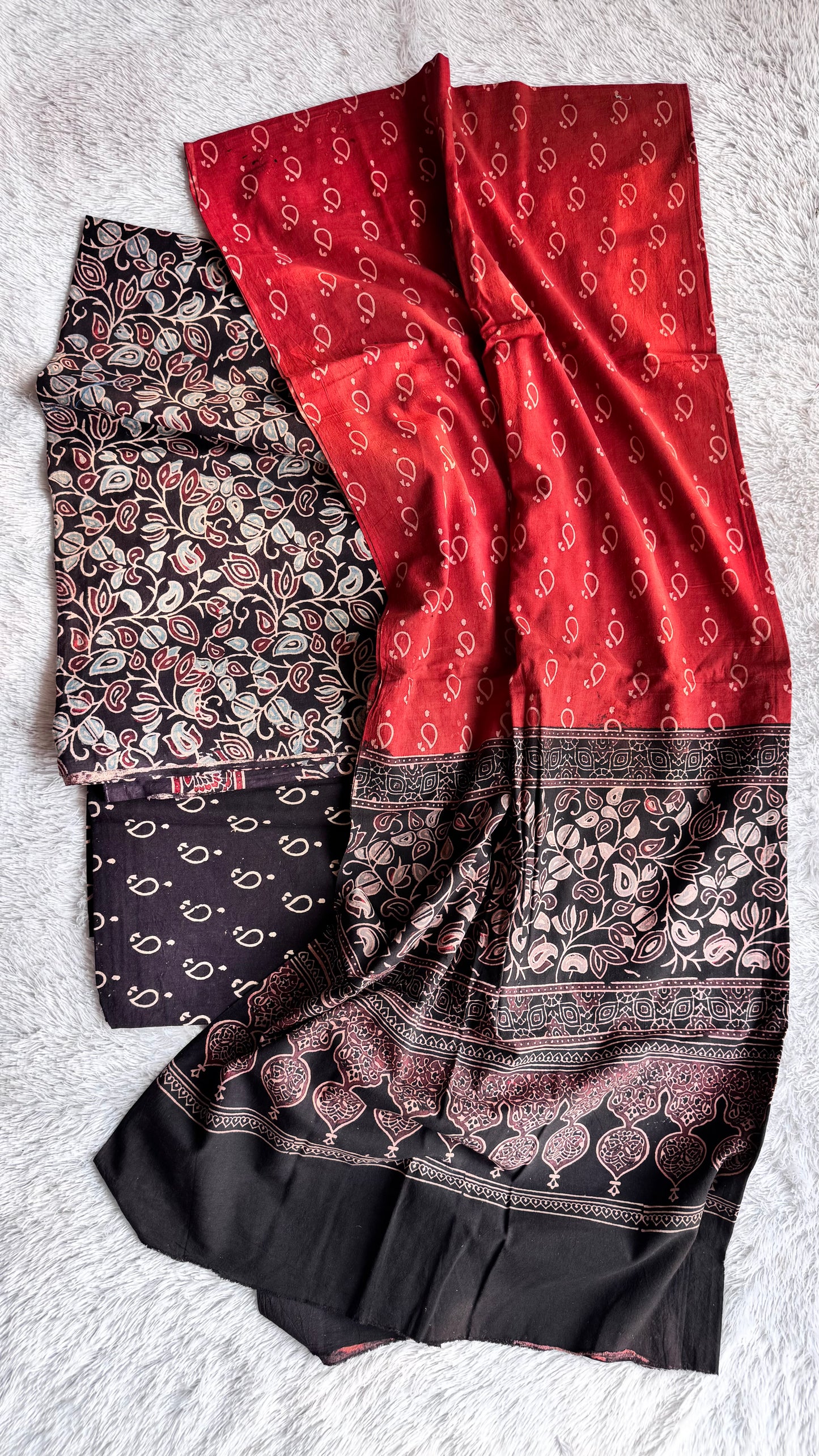 Black and Red Floral Booti Motif Ajrakh Unstitched Pure Cotton Suit Set with Cotton Dupatta