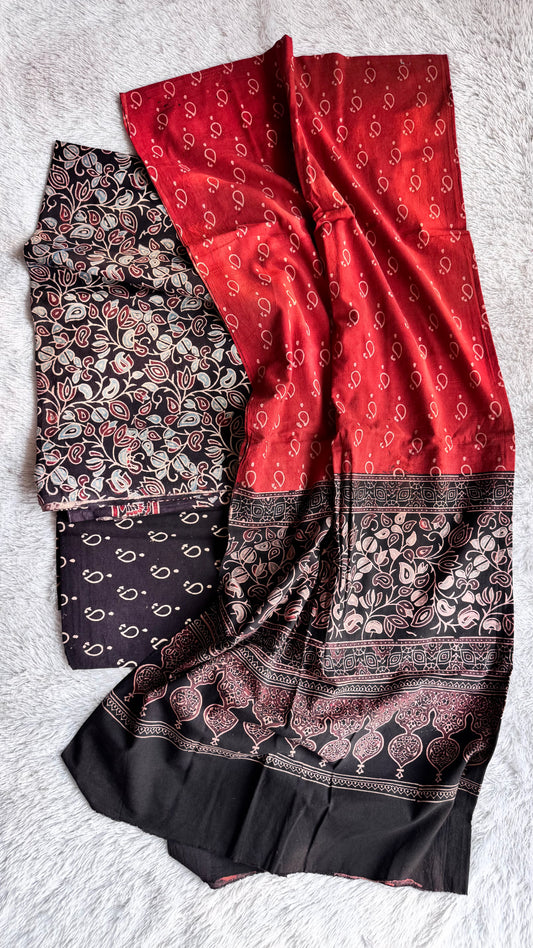 Black and Red Floral Booti Motif Ajrakh Unstitched Pure Cotton Suit Set with Cotton Dupatta