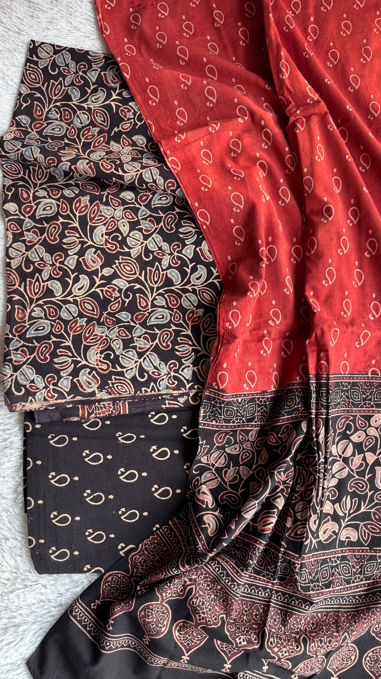 Black and Red Floral Booti Motif Ajrakh Unstitched Pure Cotton Suit Set with Cotton Dupatta