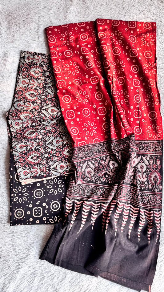 Brick Red Abstract Buti Motif Ajrakh Unstitched Pure Cotton Suit Set with Cotton Dupatta