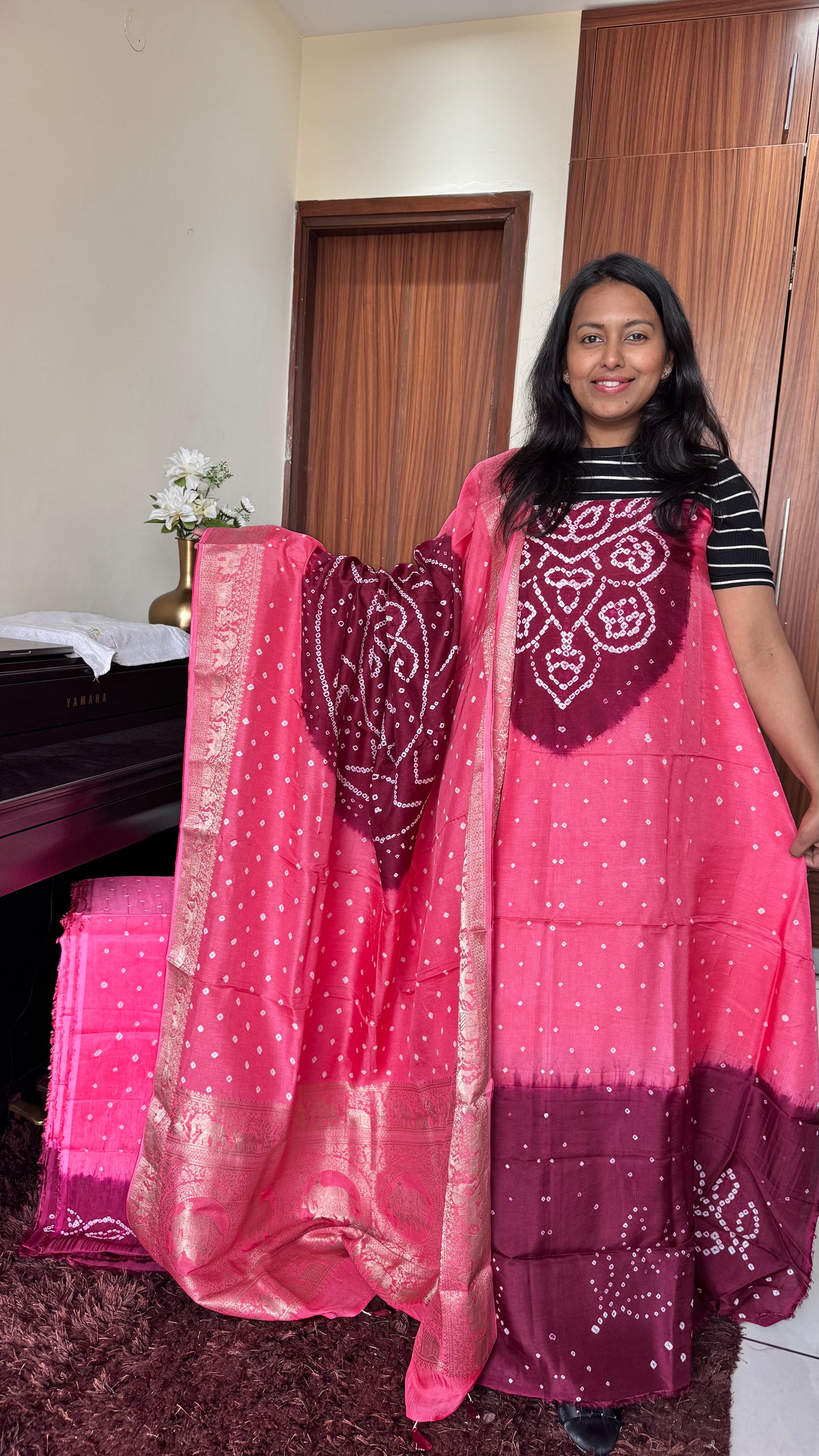 Peach And Maroon Bandhej Pure Dola Silk Ajrakh Hand Block Print 3 pc Suit Material Set with Menakari Yoke and Nakkashi Dupatta and Bottom