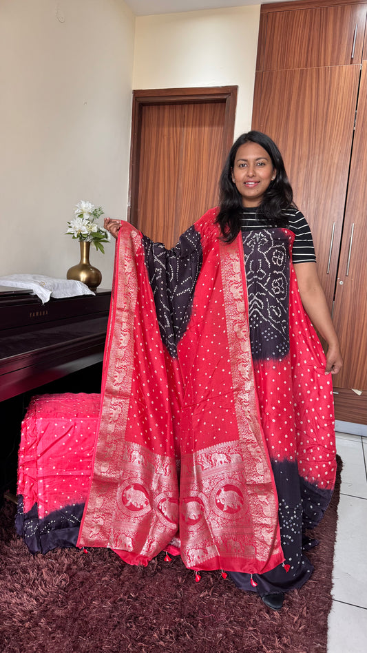 Red and Black Bandhej Pure Dola Silk Ajrakh Hand Block Print 3 pc Suit Material Set with Menakari Yoke and Nakkashi Dupatta and Bottom.