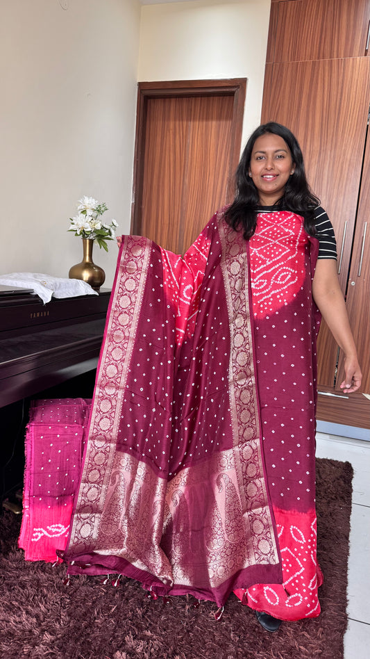 Maroon and Peach Bandhej Pure Dola Silk Ajrakh Hand Block Print 3 pc Suit Material Set with Menakari Yoke and Nakkashi Dupatta and Bottom.
