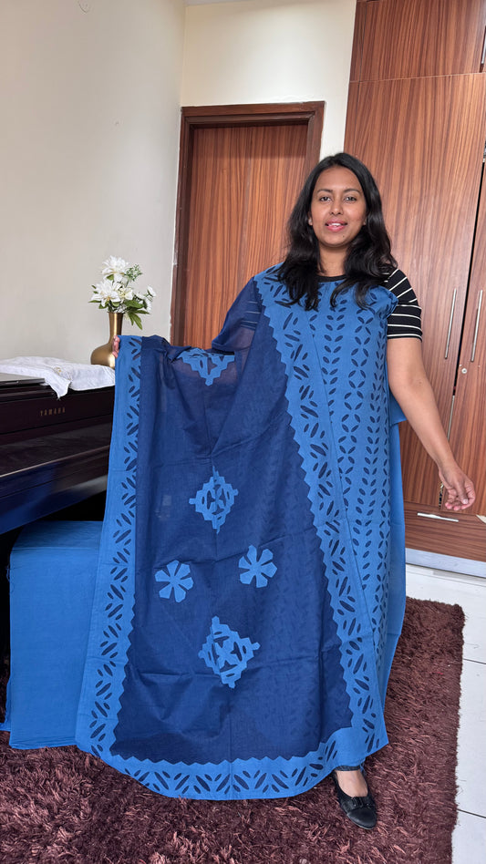 Ink Blue Barmer Applique Cut Work Cotton 3pc Suit Material Set