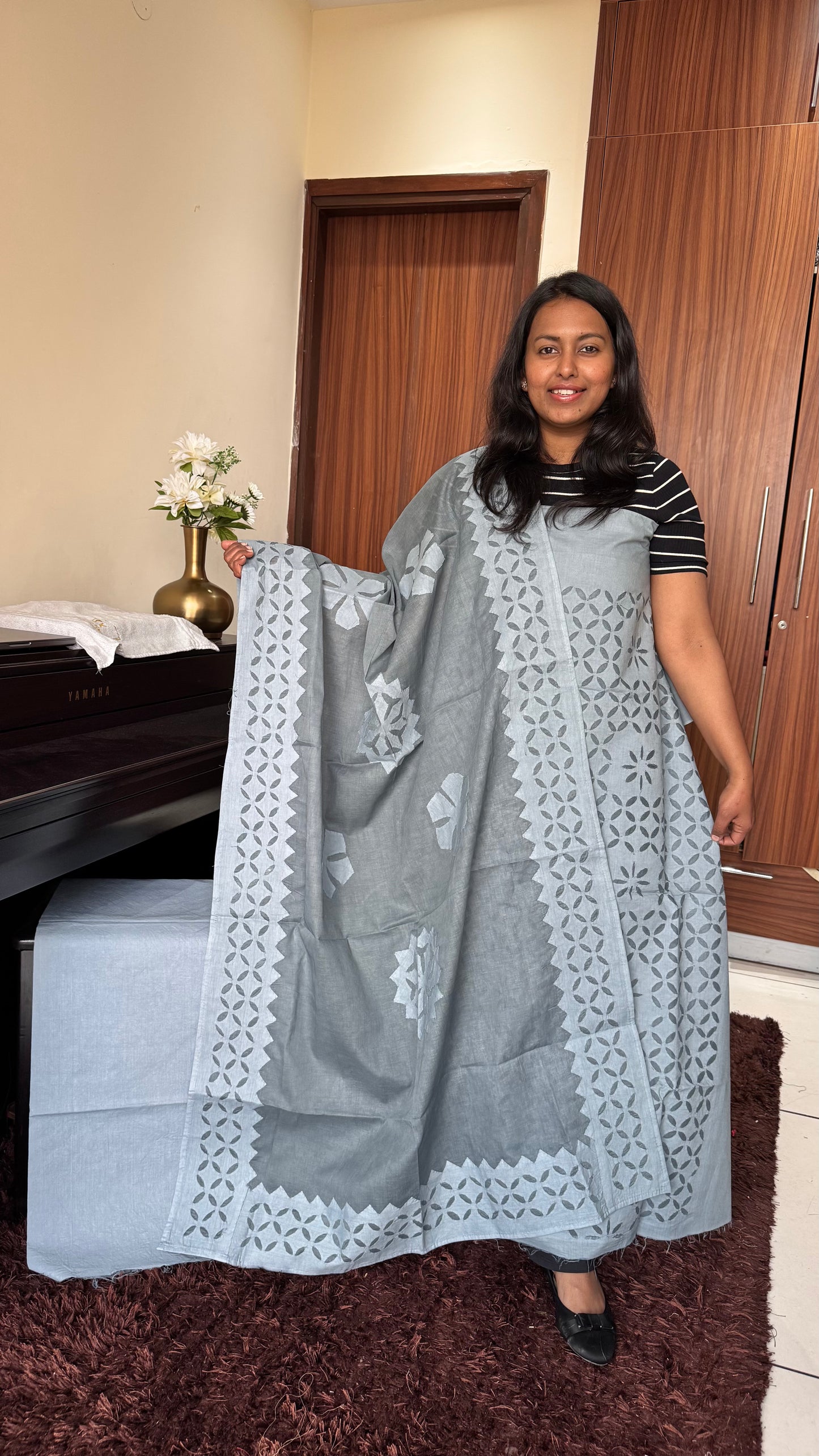 Mystic Ash Grey Barmer Applique Cut Work Cotton 3pc Suit Material Set