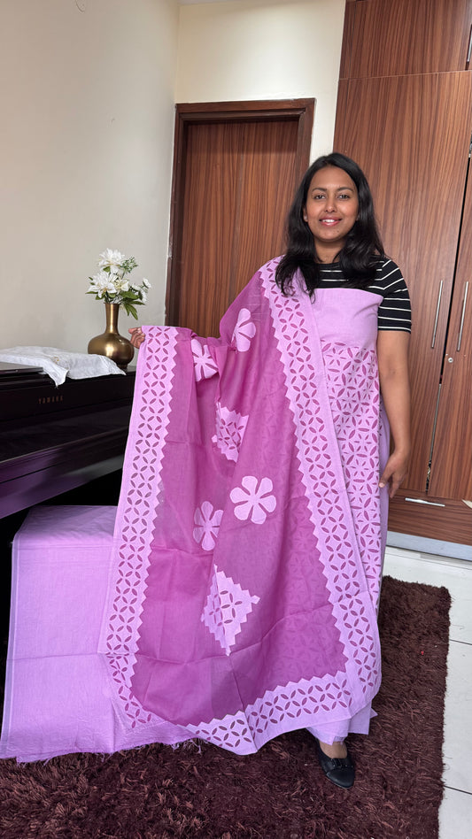 Lavender Barmer Applique Cut Work Cotton 3pc Suit Material Set