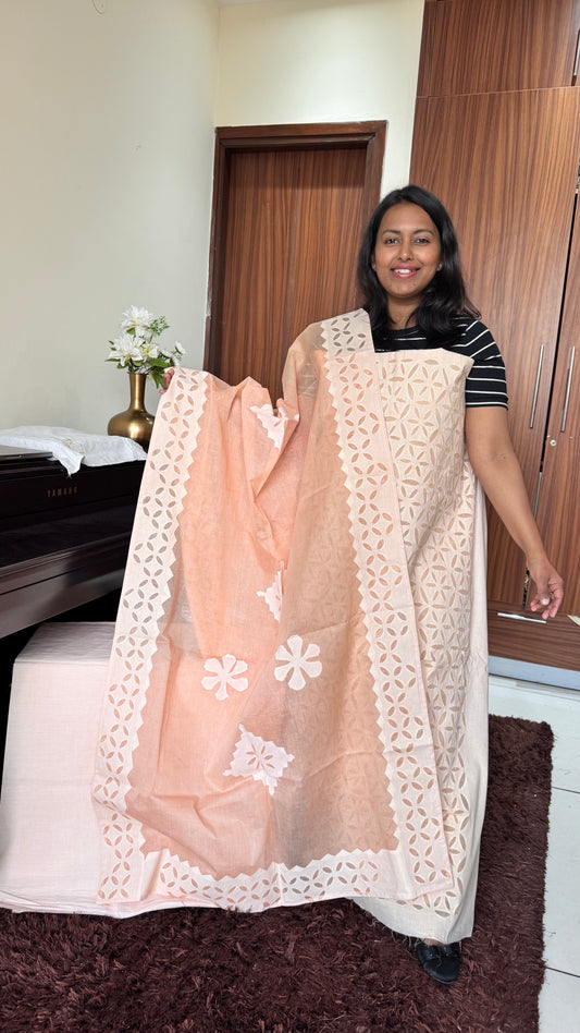 Light Chic Peach Barmer Applique Cut Work Cotton 3pc Suit Material Set