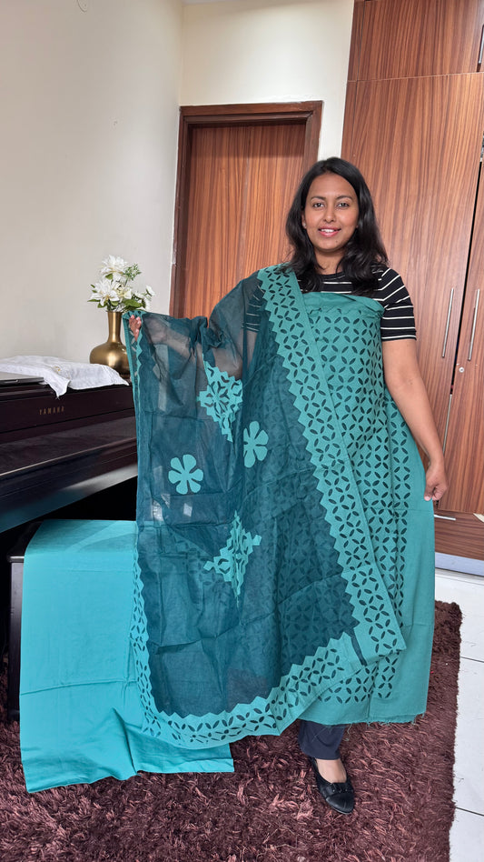 Bottle Green Barmer Applique Cut Work Cotton 3pc Suit Material Set