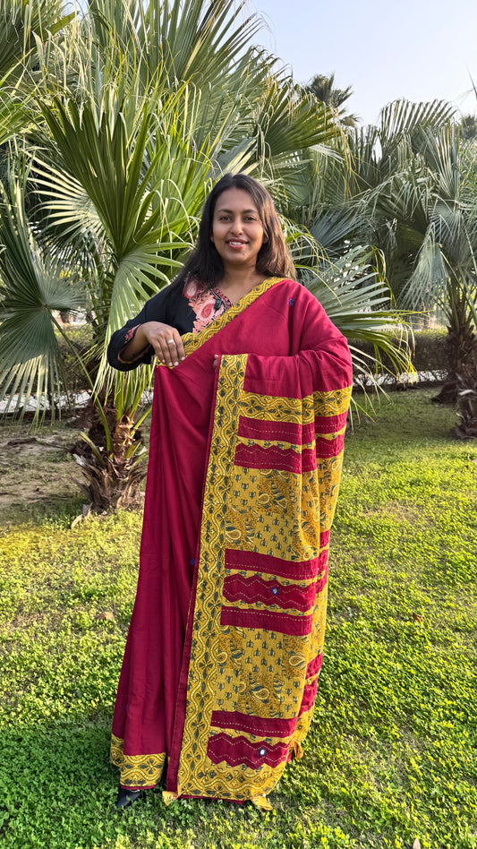 Red and Yellow Pure Cotton Saree with Ajrakh Patchwork Embroidery and Mirror Work