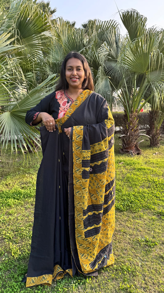 Black and Yellow White Ajrakh Patchwork Cotton Saree with Embroidery and Mirror Work