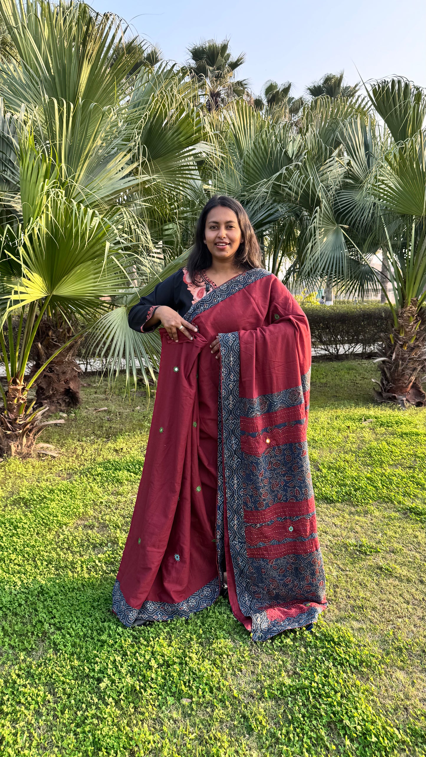 Red and Blue Pure Cotton Saree with Ajrakh Patchwork and Mirror Work