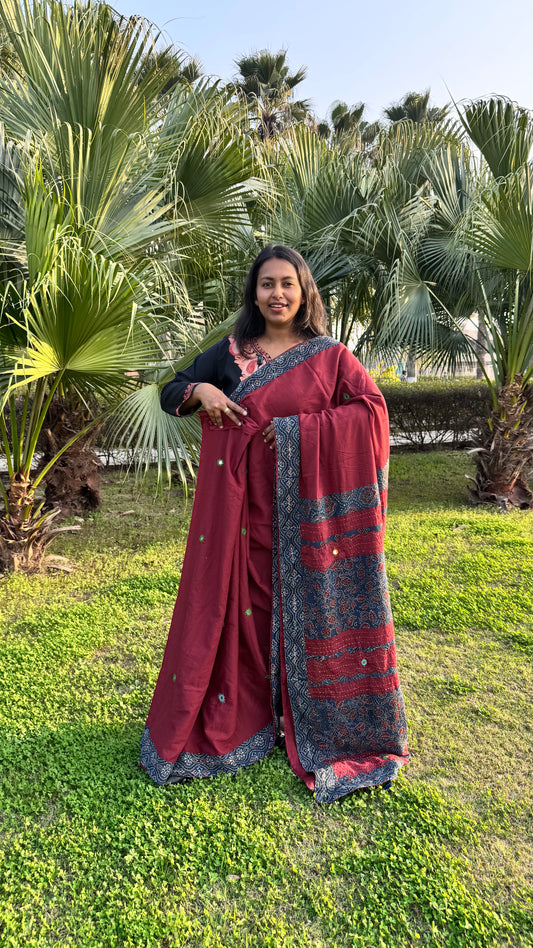Red and Blue Pure Cotton Saree with Ajrakh Patchwork and Mirror Work