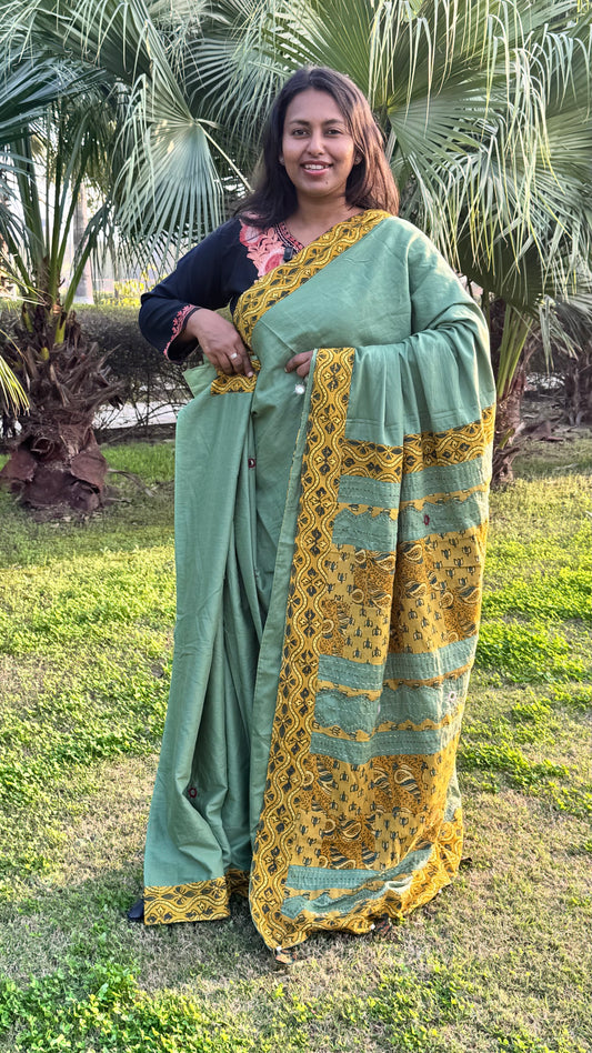 Pista Green Pure Cotton Saree with Ajrakh Patchwork Embroidery and Mirror Work