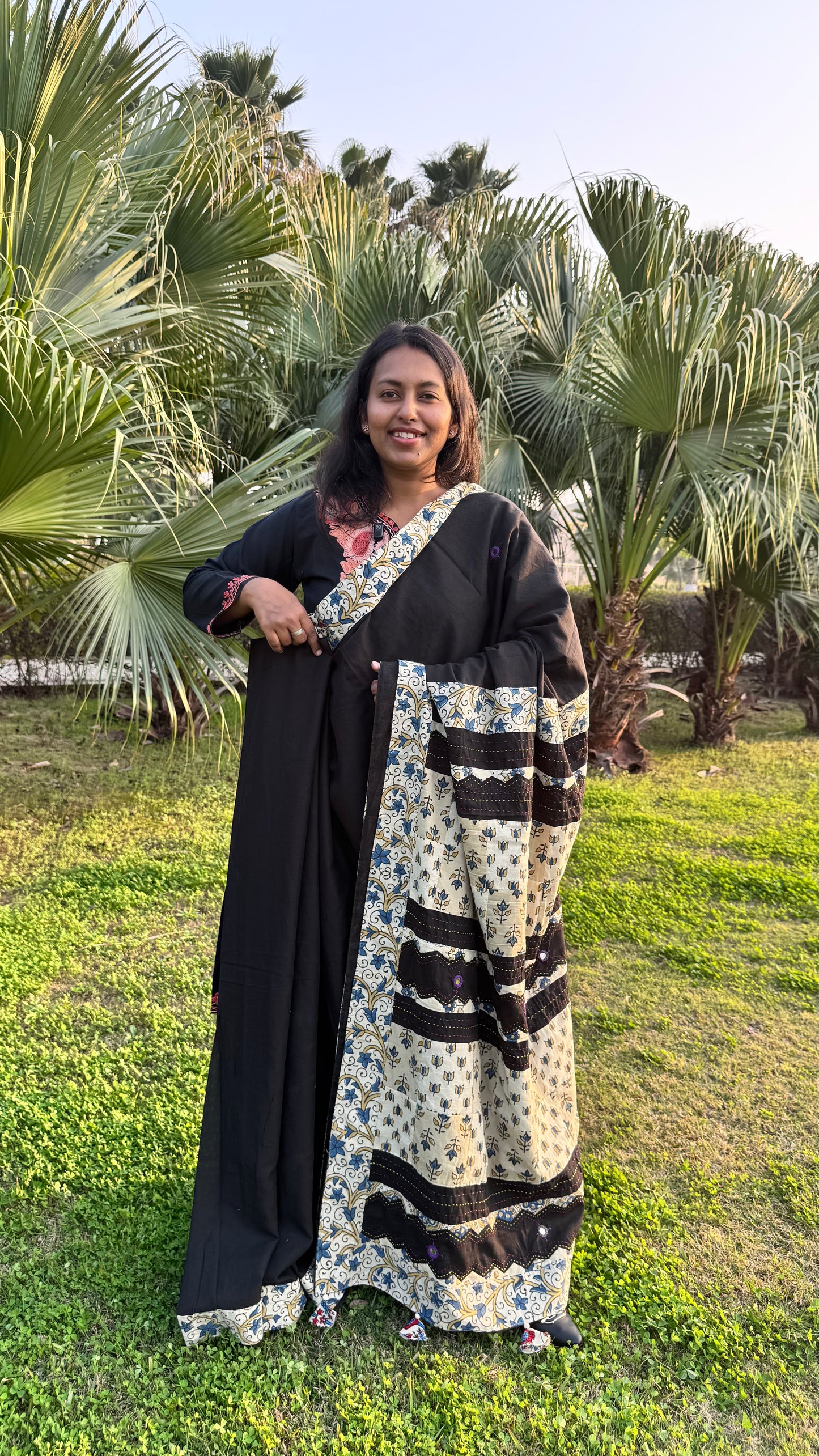 Black and Off White Ajrakh Patchwork Cotton Saree with Embroidery and Mirror Work