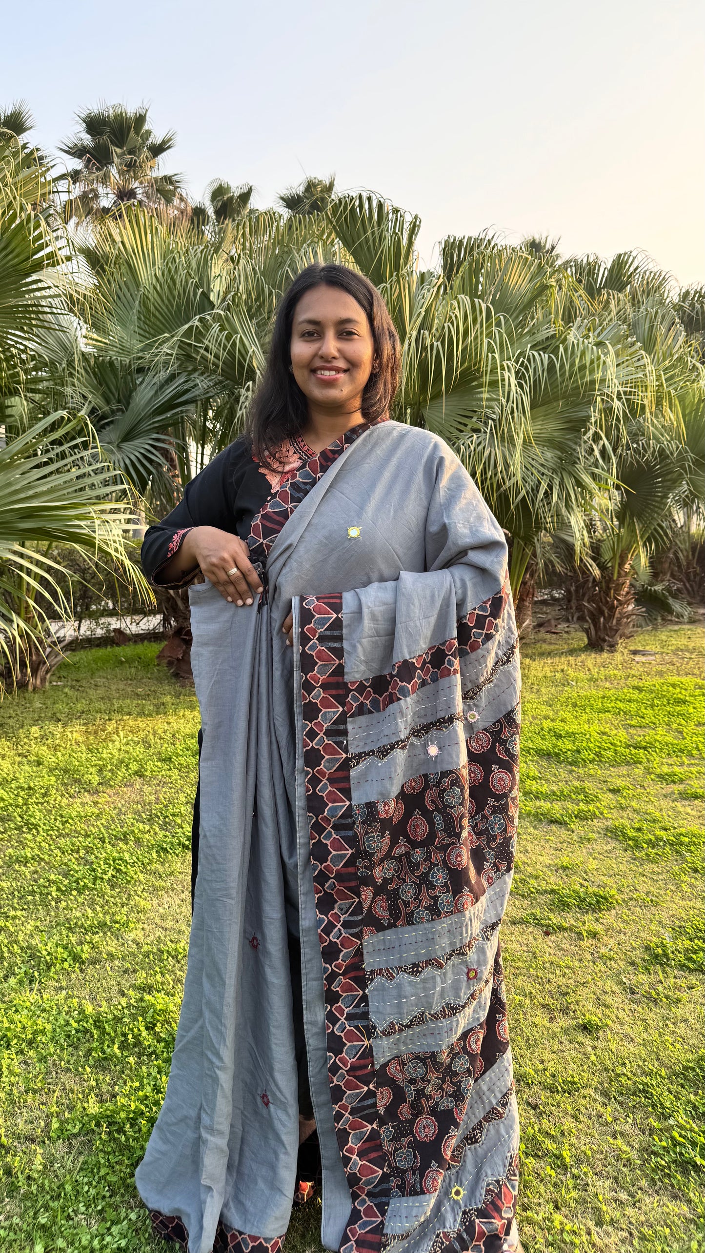 Ash Grey and Black Pure Cotton Saree with Ajrakh Applique Patchwork Embroidery and Mirror Work