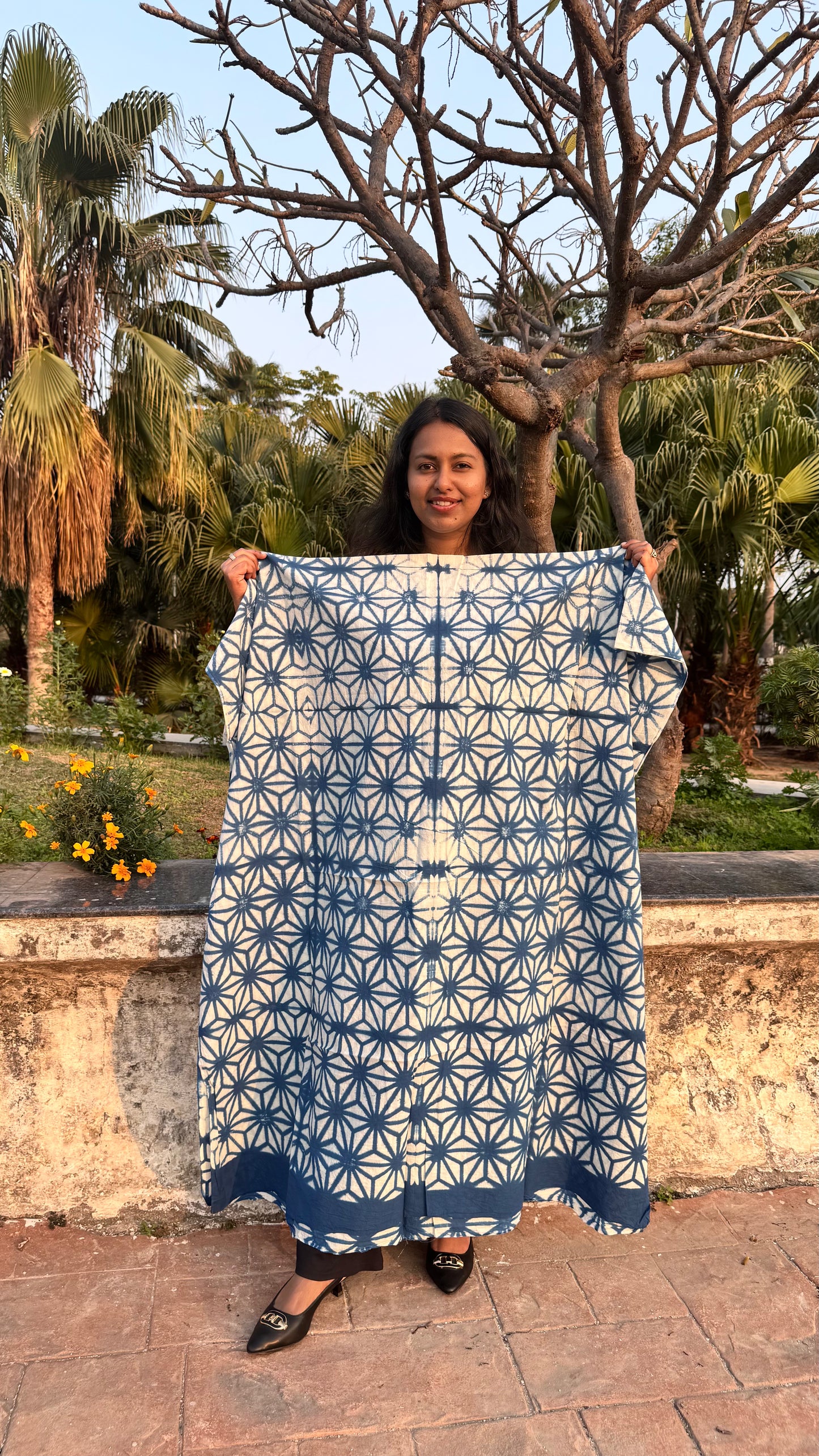 Indigo Clamp Dyed Print Designer Unstitched Pure Cotton Fabric (Kurta Only)