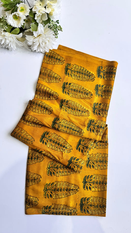Mustard Yellow Leaf Print Mashru Silk Blouse Piece