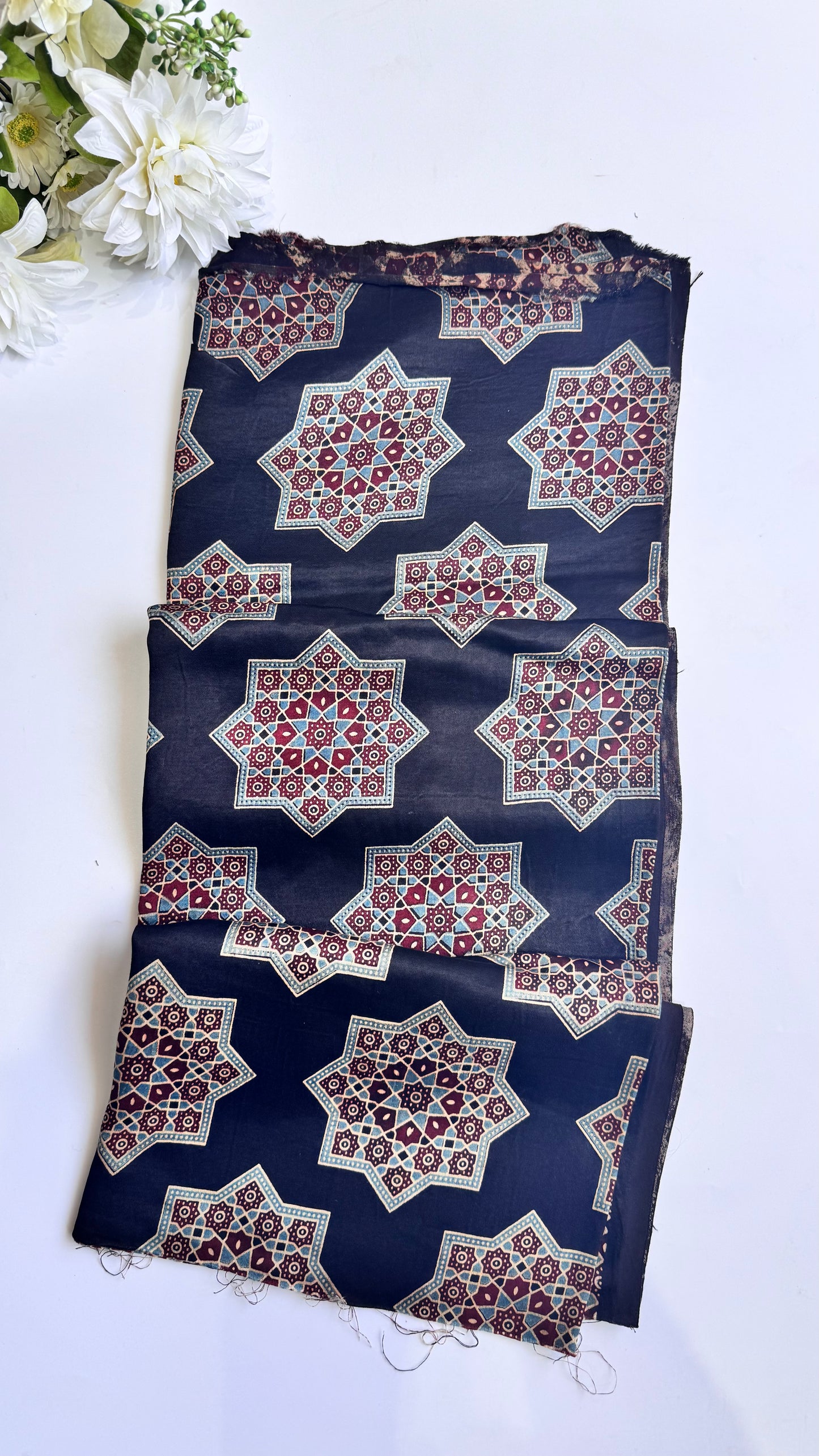 Blue Base Star Flower Print Mashru Silk Blouse Piece