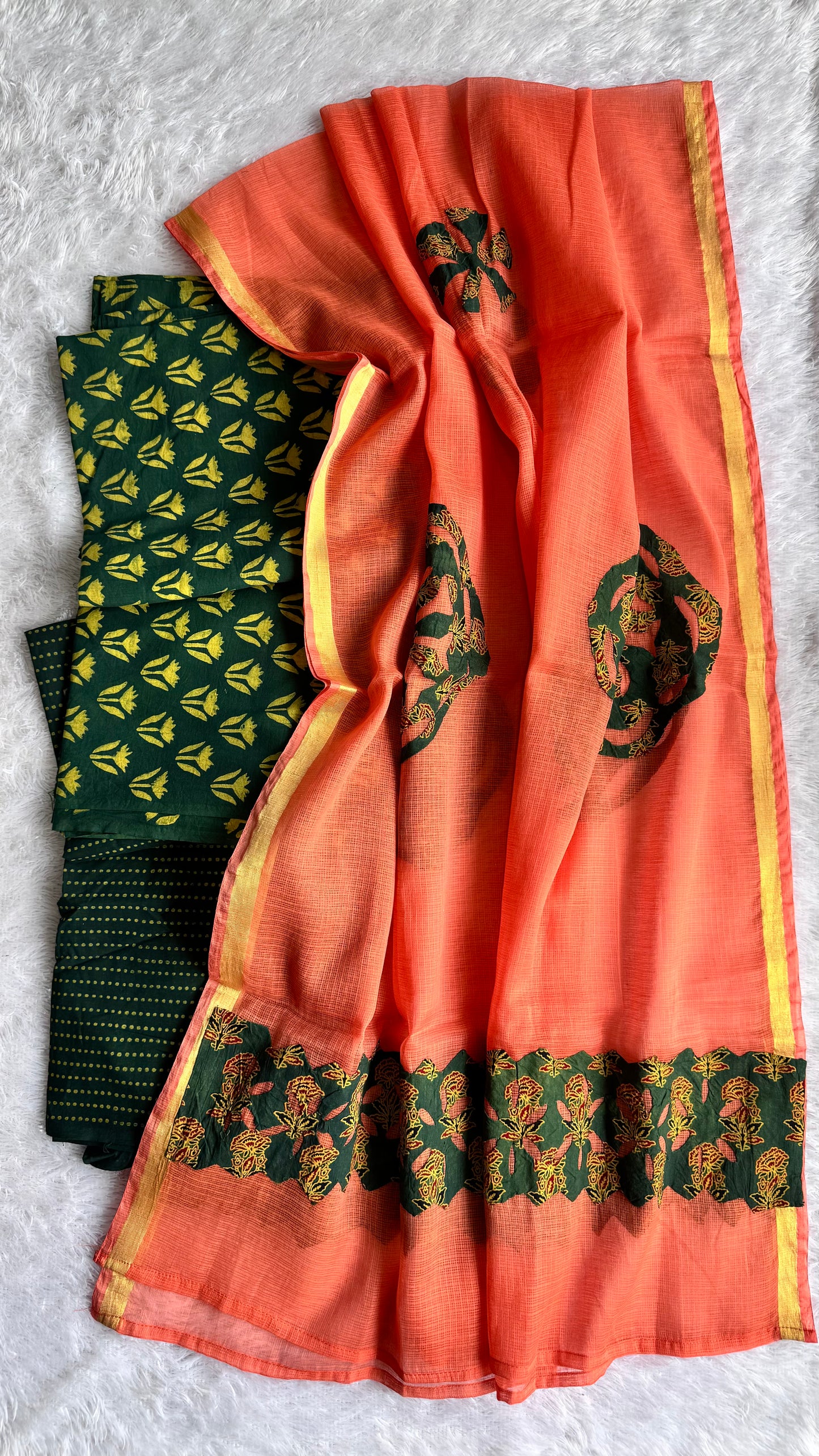 Green Buti Pure Cotton Ajrakh Unstitched Suit Set with Ajrakh Applique Kota Dupatta