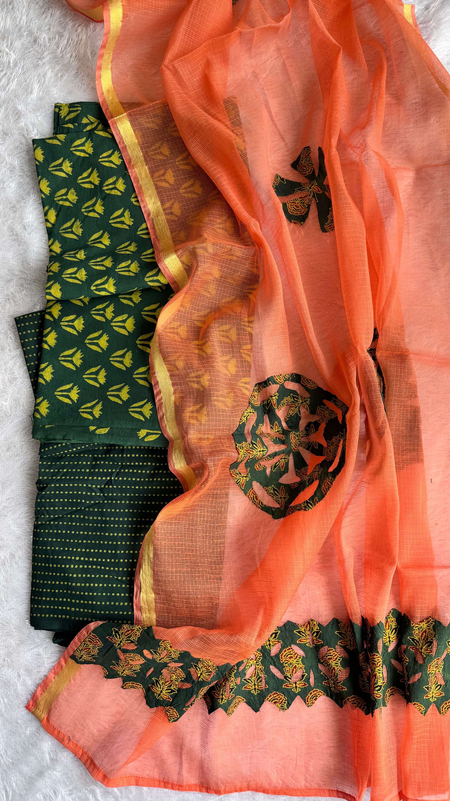 Green Buti Pure Cotton Ajrakh Unstitched Suit Set with Ajrakh Applique Kota Dupatta