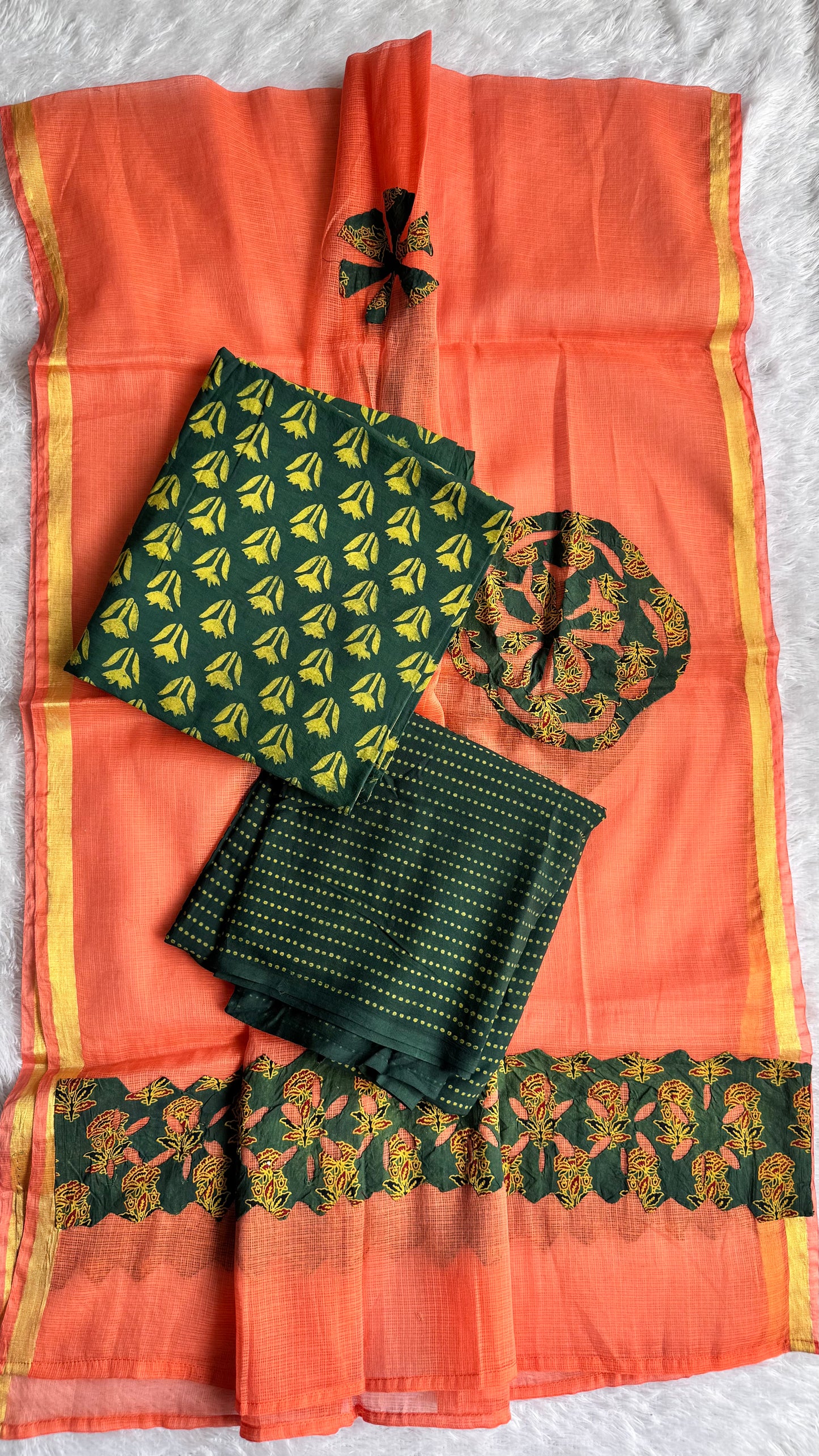 Green Buti Pure Cotton Ajrakh Unstitched Suit Set with Ajrakh Applique Kota Dupatta