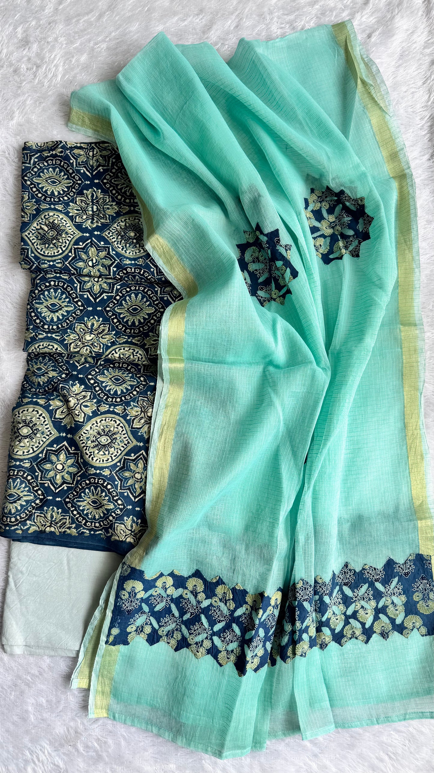 Indigo Badaam Buta Motif Pure Cotton Ajrakh Unstitched Suit Set with Ajrakh Applique Kota Dupatta