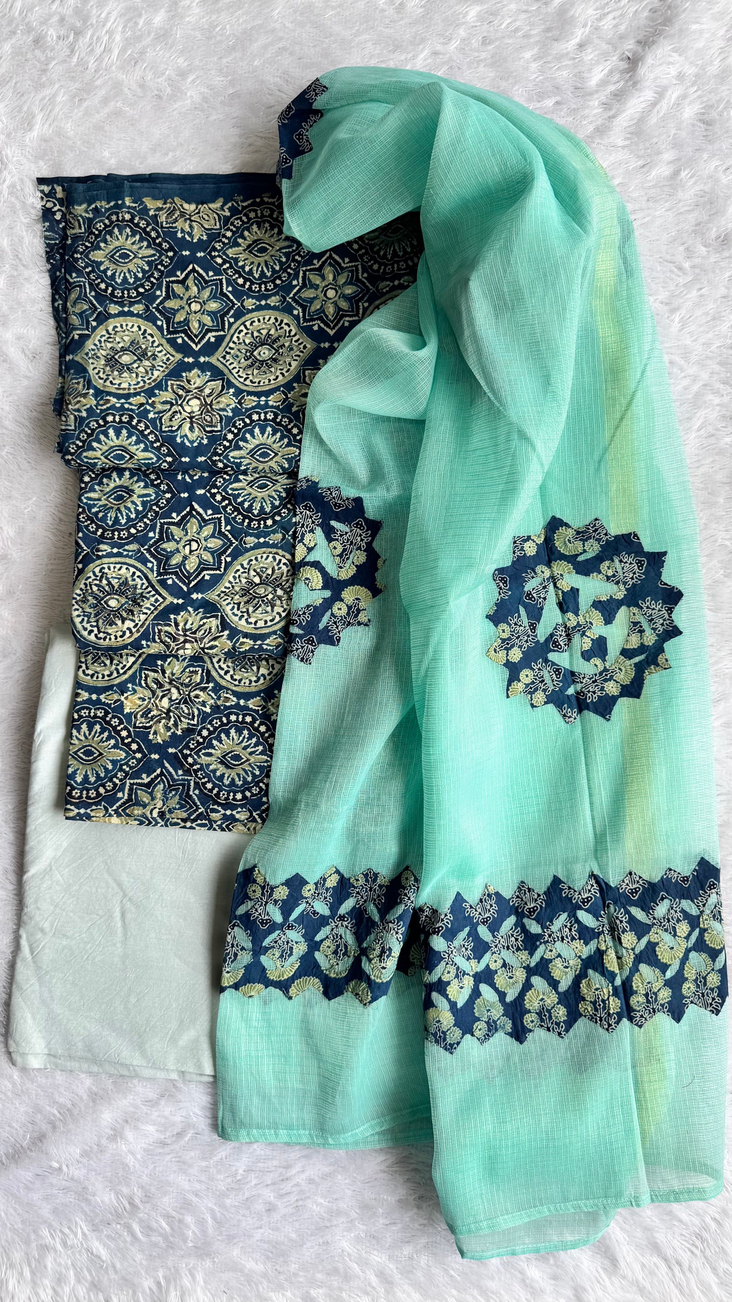 Indigo Badaam Buta Motif Pure Cotton Ajrakh Unstitched Suit Set with Ajrakh Applique Kota Dupatta