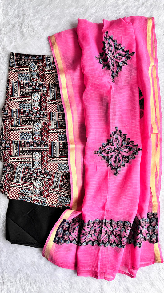 Black Abstract Booti Pure Cotton Ajrakh Unstitched Suit Set with Ajrakh Applique Kota Dupatta