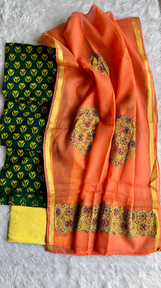 Green and Peach Pure Cotton Ajrakh Unstitched Suit Set with Ajrakh Applique Kota Dupatta