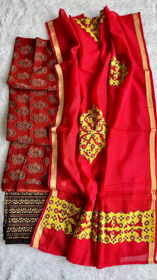 Red and Black Mugal Booti Pure Cotton Ajrakh Unstitched Suit Set with Ajrakh Applique Kota Dupatta