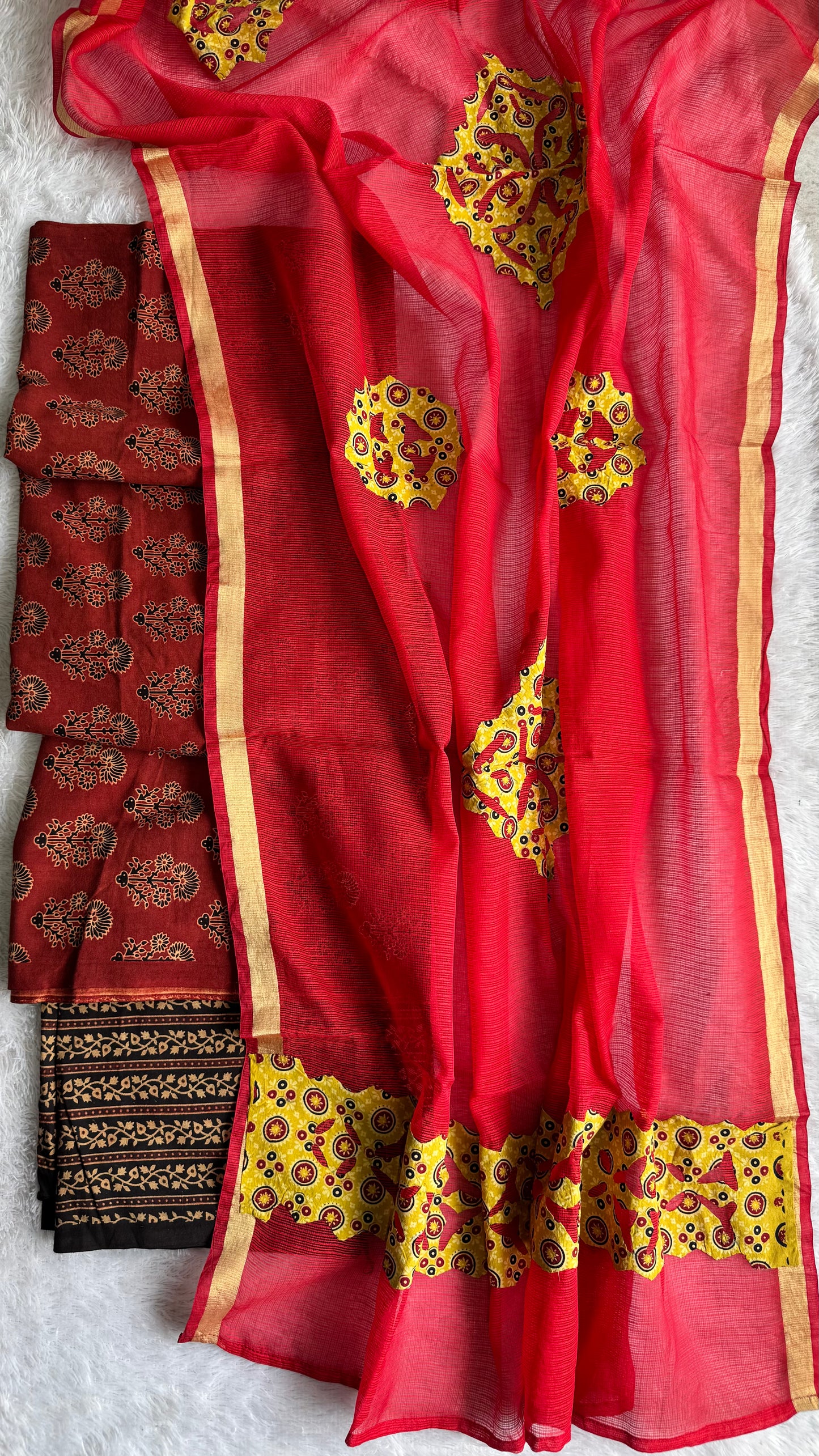 Red and Black Mugal Booti Pure Cotton Ajrakh Unstitched Suit Set with Ajrakh Applique Kota Dupatta