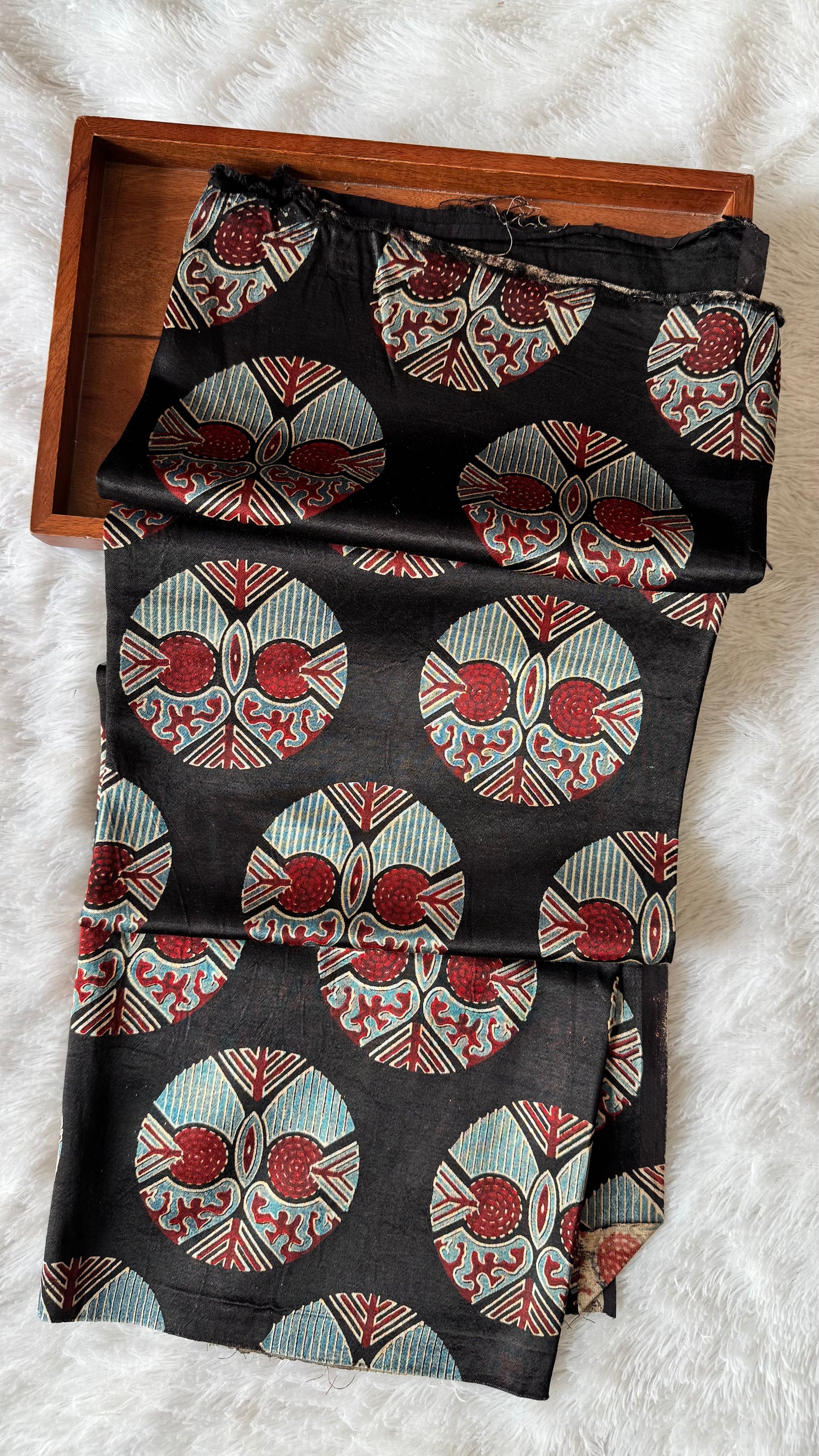 Black Base Red Circle Motif Mashru Silk Blouse Piece