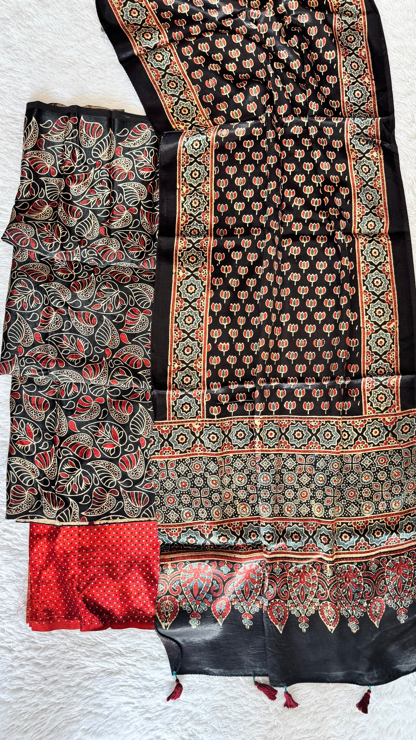 Black Leaf Jaal Motif Mashru 3 pc Suit Set with Ajrakh Mashru Tasseled Silk Stole